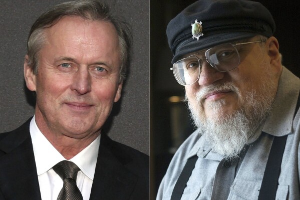 Author John Grisham appears at the opening night of "A Time To Kill" on Broadway in New York on Oct. 20, 2013, left, and author R.R. Martin appears in Toronto on March 12, 2012. Grisham and Martin are among 17 authors suing OpenAI for “systematic theft on a mass scale.” Their suit was filed Tuesday in New York and is the latest in a wave of legal action by writers concerned that AI programs are using their copyrighted works without permission. (AP Photo)