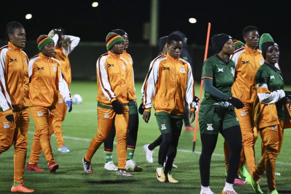 The Zambia women's national team walks together during an evening training session in Hamilton, New Zealand, Thursday, July 20, 2023. Zambia will face Japan for their opening match and World Cup debut in Hamilton on July 22. (AP Photo/Juan Mendez)