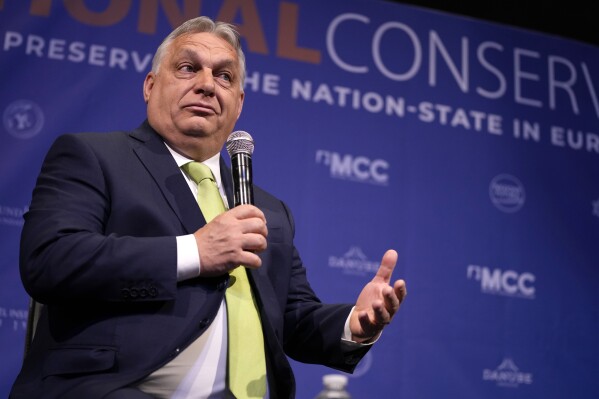 Hungary's Prime Minister Viktor Orban speaks during the National Conservatism conference in Brussels, Wednesday, April 17, 2024. (AP Photo/Virginia Mayo)