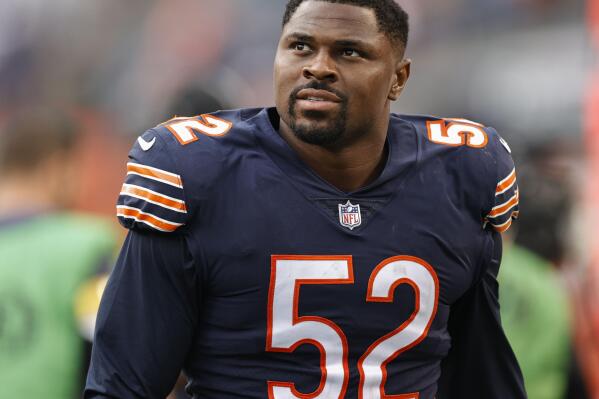 FILE - Chicago Bears' Khalil Mack walks off the field after an NFL football game against the Detroit Lions, Oct. 3, 2021, in Chicago. The Los Angeles Chargers have agreed to acquire Mack from the Bears in exchange for two draft picks, two people familiar with the negotiations confirmed to The Associated Press on Thursday, March 10, 2022. The people spoke on condition of anonymity because the trade cannot become official until the start of the new league year on Wednesday. (AP Photo/Kamil Krzaczynski, File)