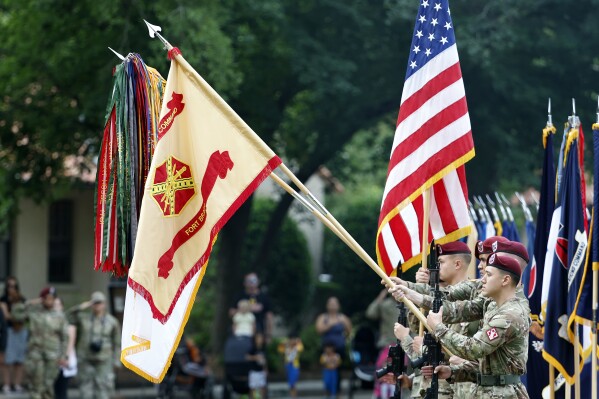 An honor guard displays the colors of Fort Bragg as a part of the ceremony to rename Fort Bragg, June 2, 2023 in Fort Liberty, N.C. (AP Photo/Karl B DeBlaker, File)
