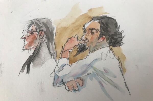 FILE - In this courtroom sketch, Ruslan Maratovich Asainov, right, appears in federal court, Feb. 7, 2023, in New York. The former New York stock broker who fled his job and family to fight alongside Islamic State militants in Syria, then maintained his allegiance to the extremist group throughout his trial, was sentenced to life in prison on Tuesday, Oct. 17. (Aggie Whelan Kenny via AP, File)