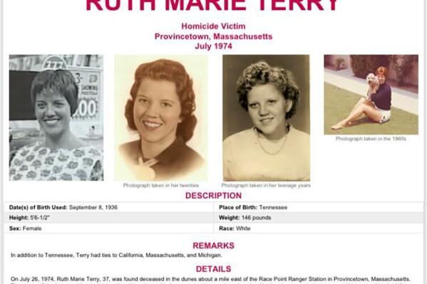 FILE - This 1974 image provided by the FBI shows a poster seeking information for homicide victim Ruth Marie Terry. On Monday, Aug. 28, 2023, authorities in Massachusetts concluded that Terry, a woman whose mutilated body was discovered on Cape Cod nearly 50 years ago, was killed by her husband. (FBI via AP, File)