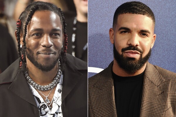 Rapper Kendrick Lamar appears at the MTV Video Music Awards, on Aug. 27, 2017, in Inglewood, Calif., left, and Canadian rapper Drake appears at the premiere of the series "Euphoria," in Los Angeles on June 4, 2019. (AP Photo)