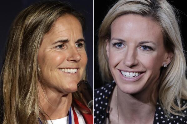 FILE - At left, two-time World Cup soccer champion Brandi Chastain speaks during an induction ceremony for the National Soccer Hall of Fame in San Jose, Calif. At right, Aly Wagner talks during an interview in New York, May 30, 2018. A group of former players — including Aly Wagner and Brandi Chastain — has joined with global investment firm Sixth Street to bring a National Women's Soccer League team to the San Francisco Bay Area.The expansion team, which is set to begin play next year, was formally announced by the league Tuesday, April 4, 2023. (AP Photo/File)