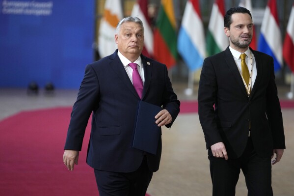 Hungary's Prime Minister Viktor Orban arrives for an EU summit at the European Council building in Brussels, Thursday, Dec. 14, 2023. (AP Photo/Virginia Mayo)