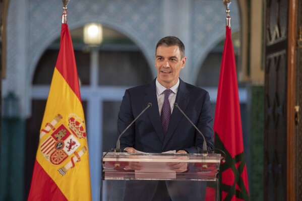 Spanish Prime Minister Pedro Sanchez speaks at a press conference after holding meetings with his Moroccan counterpart during an official visit to Rabat, Morocco, Wednesday, Feb. 21, 2024. (APPhoto)
