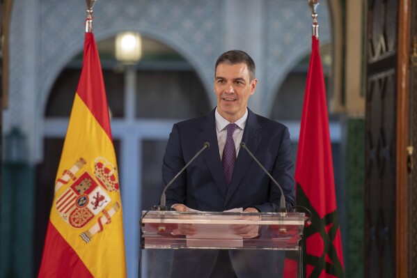 Spanish Prime Minister Pedro Sanchez speaks at a press conference after holding meetings with his Moroccan counterpart during an official visit to Rabat, Morocco, Wednesday, Feb. 21, 2024. (AP Photo)