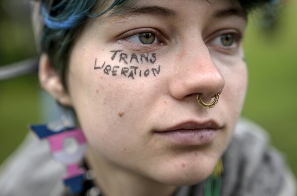 A demonstrator attends a protest demanding a law to protect the rights of the transgender community outside the parliament Bundestag building in Berlin, April 12, 2024. German lawmakers went on to approve legislation that will make it easier for transgender, intersex and nonbinary people to change their name and gender in official records. (AP Photo/Ebrahim Noroozi)