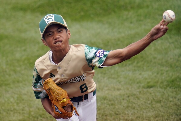Taiwan starting pitcher Cai Yuan-Hao (8) delivers a pitch against Curacao during the first inning of a baseball game at the Little League World Series in South Williamsport, Pa., Wednesday, Aug. 23, 2023. (AP Photo/Tom E. Puskar)