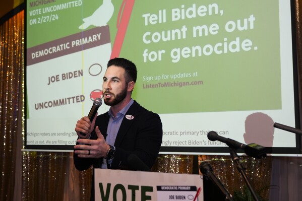 Dearborn Mayor Abdullah Hammoud speaks during an election night gathering, Tuesday, Feb. 27, 2024, in Dearborn, Mich. Some Democratic voters pledged to vote "uncommitted" in Tuesday's primary to let President Joe Biden know they aren't happy with his support for Israel in its response to the Oct. 7 attacks by Hamas. (AP Photo/Carlos Osorio)