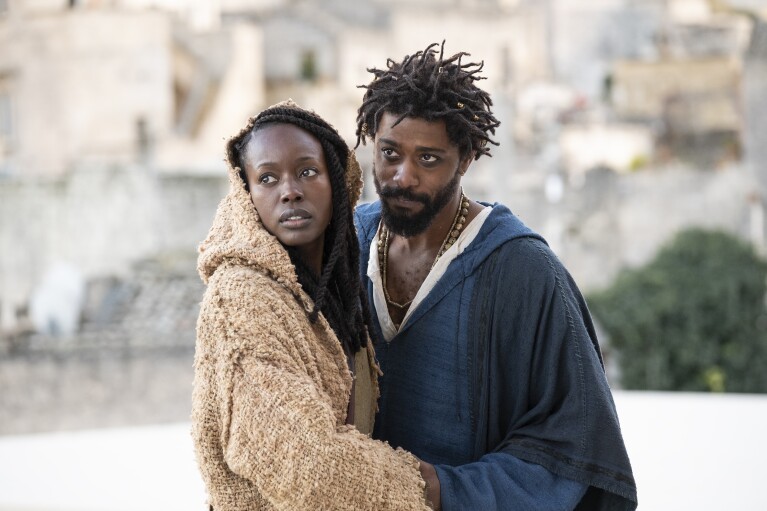 This image released by Sony Pictures shows Anna Diop, left, and LaKeith Stanfield in a scene from "The Book of Clarence." (Moris Puccio/Legendary Entertainment/Sony via AP)