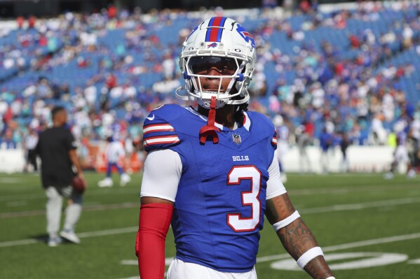 Buffalo Bills safety Damar Hamlin warms up prior to an NFL football game against the Miami Dolphins, Sunday, Oct. 1, 2023, in Orchard Park, N.Y. (AP Photo/Jeffrey T. Barnes)
