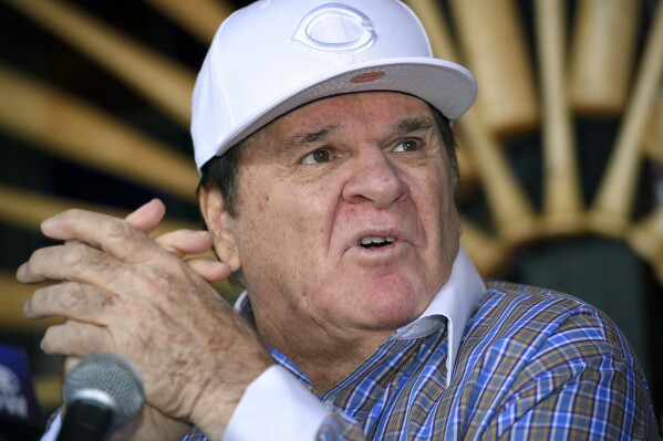 FILE - In this Dec. 15, 2015, file photo, former baseball player and manager Pete Rose speaks at a news conference in Las Vegas. Baseball Commissioner Rob Manfred has no intention of altering Pete Rose's lifetime ban from baseball and said the sport's commercial deals with gambling companies have no impact on the status of the career hits leader. (AP Photo/Mark J. Terrill, File)