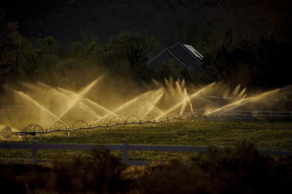 Crops are irrigated in Moab, Utah, Thursday, July 15, 2021. Compared to major cities neighboring states, Utah is less dependent on water from the Colorado River. (Trent Nelson/The Salt Lake Tribune via AP)