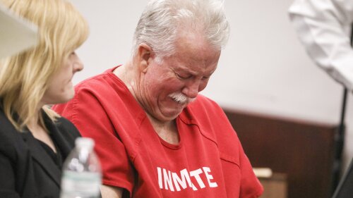 Hillsborough County cold case murder suspect Donald Santini weeps moments before he is denied bond by Thirteenth Judicial Circuit Court Judge Catherine Catlin during his hearing on Thursday, July 6, 2023, in Tampa, Fla. Santini is accused of strangling Cynthia Wood in 1984. (Douglas R. Clifford/Tampa Bay Times via AP)