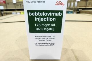 This image provided by Eli Lilly and Company shows the packaging for bebtelovimab. U.S. health regulators on Friday, Feb 11, 2022, authorized the new antibody drug from Eli Lilly that specifically targets the omicron variant, a key step in restocking the nation's arsenal against the latest version of COVID-19. (Eli Lilly and Company via AP)