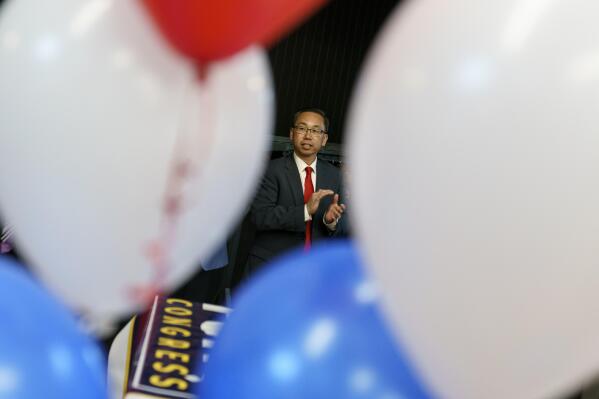 Former Cranston, R.I., Mayor Allan Fung waits to be introduced at his campaign kickoff event, Tuesday, April 26, 2022, at the Varnum Memorial Armory in East Greenwich, R.I. Fung, a two-time Republican gubernatorial candidate in Rhode Island, is running for the state's seat in Congress being vacated by Democratic U.S. Rep. Jim Langevin. (AP Photo/David Goldman)