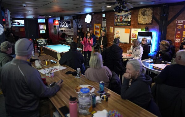 Republican presidential candidate former UN Ambassador Nikki Haley speaks during a campaign event at PB's Pub in Newton, Iowa on Monday. (AP Photo/Carolyn Kaster)