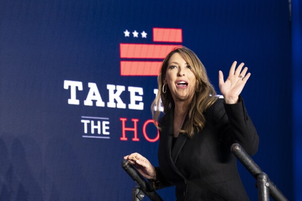 Republican National Committee chair Ronna McDaniel arrives on stage before House Minority Leader Kevin McCarthy of Calif., speaks at an event Nov. 9, 2022, in Washington. (AP Photo/Alex Brandon, File)