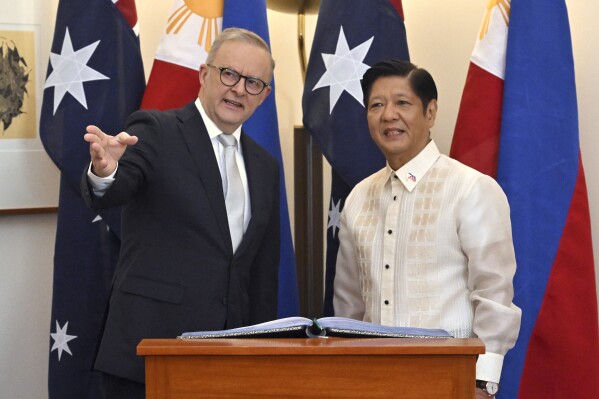 Philippines President Ferdinand Marcos Jr. meets withy Australia's Prime Minister Anthony Albanese at Parliament House in Canberra, Australia, Thursday, Feb. 29, 2024. (Mick Tsikas/AAP Image via AP)