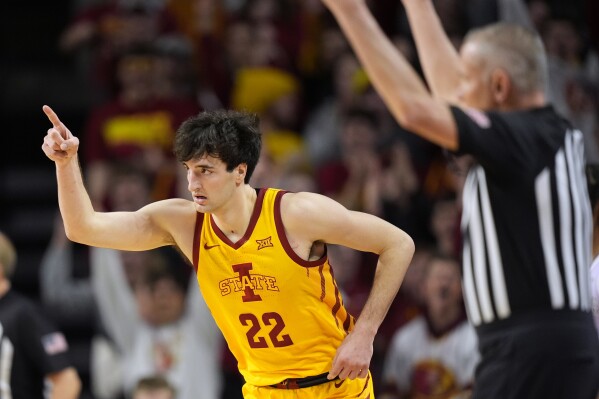 Iowa State forward Milan Momcilovic (22) reacts after making a basket during the first half of an NCAA college basketball game against Kansas State, Wednesday, Jan. 24, 2024, in Ames, Iowa. (AP Photo/Charlie Neibergall)