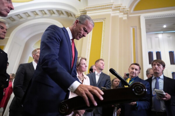 Senate Majority Leader John Thune, R-S.D., speaks to reporters following closed-door party meetings at the Capitol in Washington, Tuesday, June 17, 2025. (AP Photo/J. Scott Applewhite)