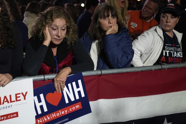 Supporters of Republican presidential candidate former UN Ambassador Nikki Haley react as election results come in during a New Hampshire primary night rally, in Concord, N.H., Tuesday Jan. 23, 2024. (AP Photo/Charles Krupa)