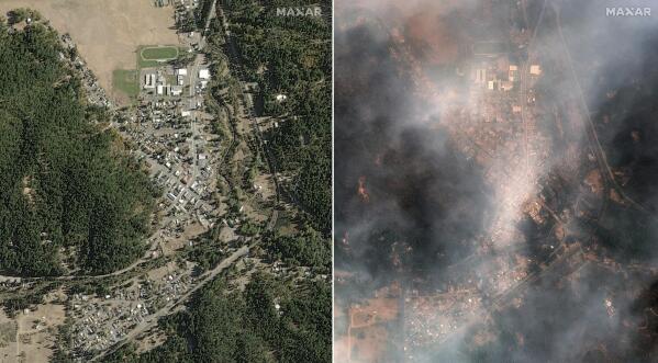 In this satellite image provided by Maxar Technologies shows from left, overview of Greenville, Calif., before the wildfires on Oct. 31, 2018 and overview of Greenville, during the Dixie Wildfires on Monday, Aug. 9, 2021.   California’s largest single wildfire in recorded history is running through forestlands as fire crews try to protect rural communities from flames that have destroyed hundreds of homes. (Satellite image ©2021 Maxar Technologies via AP)