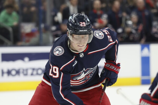 FILE - Columbus Blue Jackets' Patrik Laine plays against the Philadelphia Flyers during an NHL hockey game, Thursday, Oct. 12, 2023, in Columbus, Ohio. Laine is entering the NHL/NHLPA player assistance program, the league and union announced Sunday, Jan. 28, 2024. (AP Photo/Jay LaPrete, File)