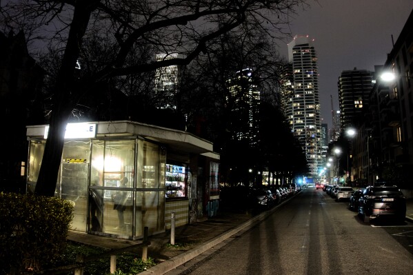 A former water house, a small shop that sprung up in the 19th century to encourage workers to drink affordable water rather than beer or schnapps, that is now a kiosk at the banking district in Frankfurt, Germany, on March 11, 2025. (AP Photo/Michael Probst)