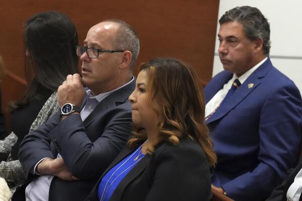 Fred Guttenberg, left, is shown during the penalty phase of the trial of Marjory Stoneman Douglas High School shooter Nikolas Cruz at the Broward County Courthouse in Fort Lauderdale on Wednesday, July 27, 2022. Guttenberg's daughter, Jaime, was killed in the 2018 shootings. Cruz previously plead guilty to all 17 counts of premeditated murder and 17 counts of attempted murder in the 2018 shootings. (Mike Stocker/South Florida Sun Sentinel via AP, Pool)