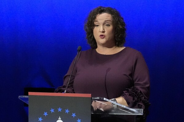 FILE - Rep. Katie Porter, D-Calif., speaks during a televised debate for candidates in the senate race, Jan. 22, 2024, in Los Angeles. With the possibility of record-low voter turnout elevating the chances of Republican former baseball star Steve Garvey to advance to the general election in November, he threatens to crowd out two other prominent Democratic candidates from the ballot – Porter and Rep. Barbara Lee, D-Calif. (AP Photo/Damian Dovarganes, File)
