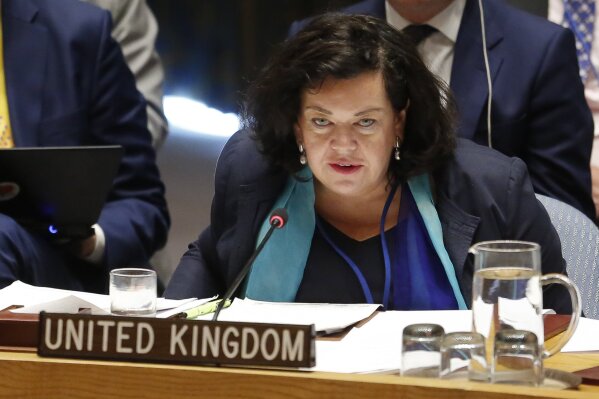 
              United Kingdom's United Nations Ambassador Karen Pierce speaks during a U.N. Security meeting, Thursday Sept. 6, 2018 at U.N. headquarters. Britain's security minister said Thursday that Russian President Vladimir Putin bears ultimate responsibility for a nerve agent attack targeting a former spy in England. (AP Photo/Bebeto Matthews)
            