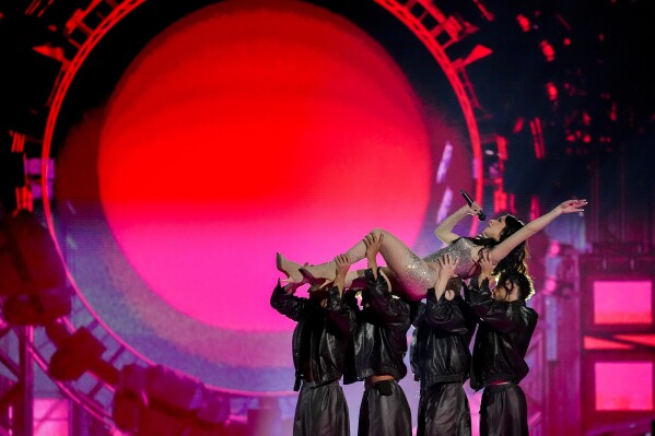 Sarah Bonnici of Malta performs the song Loop during the dress rehearsal for the second semi-final at the Eurovision Song Contest in Malmo, Sweden, Wednesday, May 8, 2024. (AP Photo/Martin Meissner)