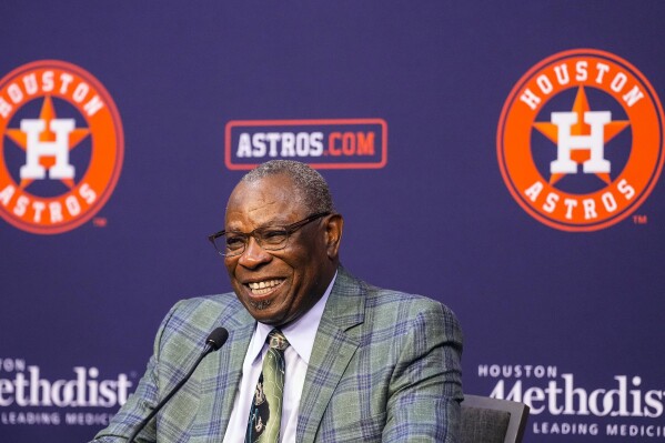 Houston Astros manager Dusty Baker Jr. answers questions from the media during a baseball press conference announcing his retirement, Thursday, Oct. 26, 2023, at Minute Maid Park in Houston. (Karen Warren/Houston Chronicle via AP)
