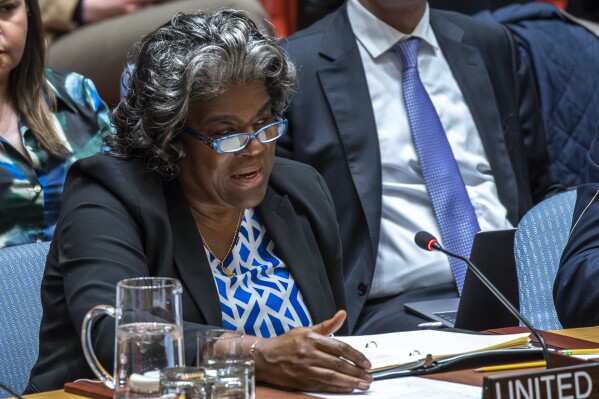 FILE - U.S. Ambassador Linda Thomas-Greenfield addresses a meeting of the United Nations Security Council on maintenance of international peace and security nuclear disarmament and non-proliferation, Monday, March 18, 2024, at U.N. headquarters. The General Assembly is set to vote Thursday, March 21, on what would be the first U.N. resolution on artificial intelligence. Thomas-Greenfield told The Associated Press last week that the resolution “aims to build international consensus on a shared approach to the design, development, deployment and use of AI systems,” particularly to support the 2030 U.N. goals. (AP Photo/Eduardo Munoz Alvarez, File)