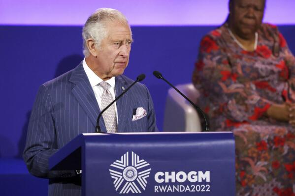 Britain's Prince Charles delivers his message during the opening ceremony of the Commonwealth Heads of Government Meeting (CHOGM) on Friday, June 24, 2022 in Kigali, Rwanda. Leaders of Commonwealth nations are meeting in Rwanda Friday in a summit that promises to tackle climate change, tropical diseases and other challenges deepened by the COVID-19 pandemic. (Dan Kitwood/Pool Photo via AP)
