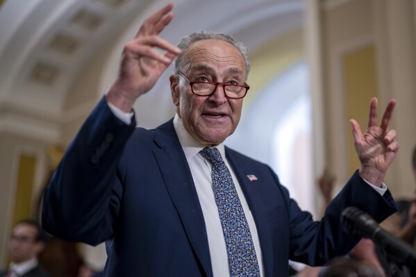 Senate Majority Leader Chuck Schumer, D-N.Y., speaks to reporters about a vote to protect rights for access to in vitro fertilization to achieve pregnancy, at the Capitol in Washington, Wednesday, June 12, 2024. (AP Photo/J. Scott Applewhite)