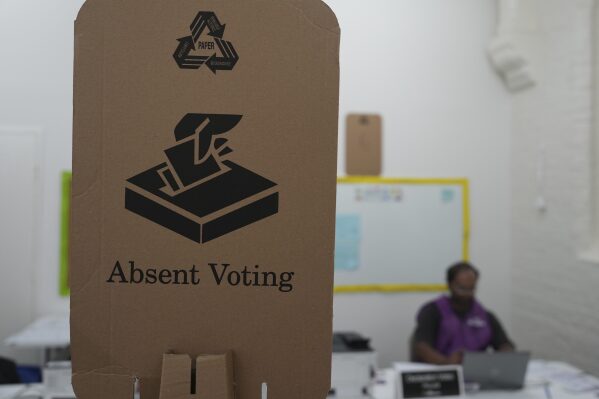 A sign is displayed at a polling place as early voting begins in Sydney, Tuesday, April 22, 2025, for a national election to be held on May 3. (AP Photo/Mark Baker)