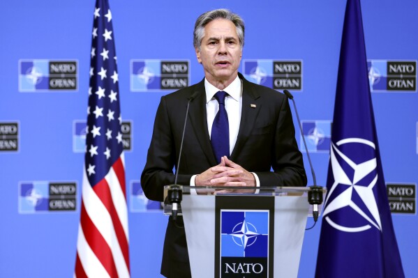 FILE - Secretary of State Antony Blinken addresses a media conference at NATO headquarters in Brussels, April 4, 2024. Blinken will travel to eastern Europe next week as concerns mount about Russia's advances in Ukraine, potential Russian interference in neighboring Moldova and pro-Moscow legislation being promoted in Georgia. The State Department said Friday, May 24, that Blinken would visit the Moldovan capital of Chisinau on Wednesday before attending a NATO foreign ministers meeting in Prague on Thursday and Friday. (Johanna Geron, Pool Photo via AP, File)