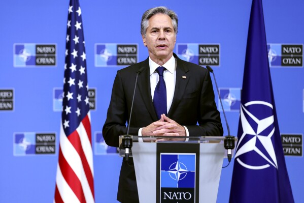 FILE - Secretary of State Antony Blinken addresses a media conference at NATO headquarters in Brussels, April 4, 2024. Blinken will travel to eastern Europe next week as concerns mount about Russia's advances in Ukraine, potential Russian interference in neighboring Moldova and pro-Moscow legislation being promoted in Georgia. The State Department said Friday, May 24, that Blinken would visit the Moldovan capital of Chisinau on Wednesday before attending a NATO foreign ministers meeting in Prague on Thursday and Friday. (Johanna Geron, Pool Photo via AP, File)