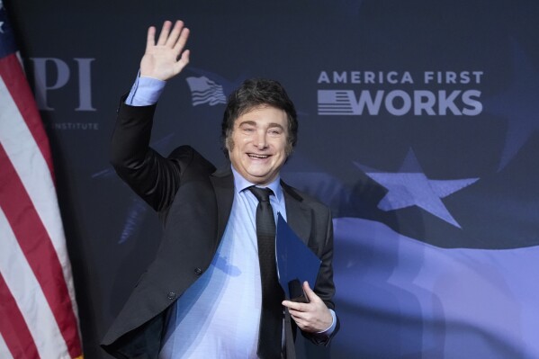 Argentina's President Javier Milei arrives to speak before President-elect Donald Trump during an America First Policy Institute gala at his Mar-a-Lago estate, Nov. 14, 2024, in Palm Beach, Fla. (AP Photo/Alex Brandon, File)