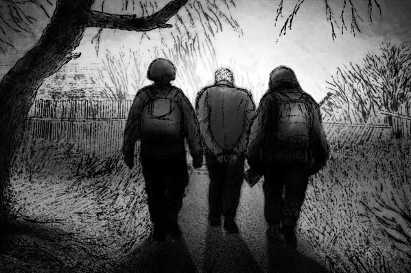 Illustration depicting Ukrainian civilian Roman Vuiko being detained by Russian soldiers. (AP Illustration/Peter Hamlin)