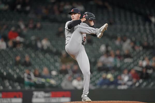Detroit Tigers starting pitcher Tarik Skubal winds up during the fifth inning of the team's baseball game against the Seattle Mariners, Wednesday, May 19, 2021, in Seattle. (AP Photo/Ted S. Warren)