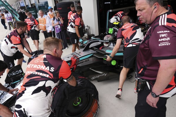 Mercedes driver Kimi Antonelli of Italy gets a pit stop during a practice session for the Formula One Miami Grand Prix auto race, Friday, May 2, 2025, in Miami Gardens, Fla. (AP Photo/Rebecca Blackwell)