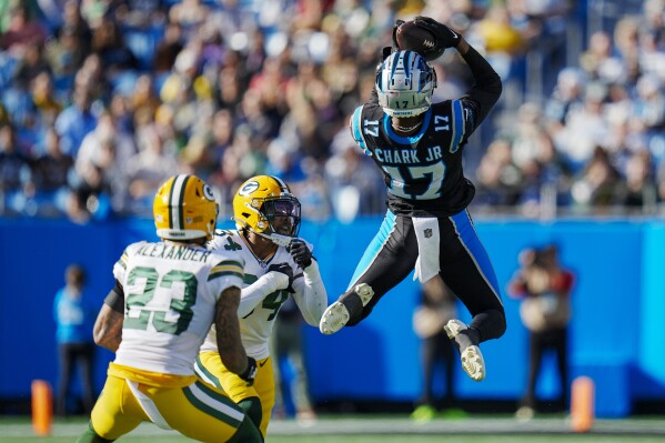 Carolina Panthers wide receiver DJ Chark Jr. catches a pass as Green Bay Packers cornerback Jaire Alexander and safety Jonathan Owens look on during the first half of an NFL football game Sunday, Dec. 24, 2023, in Charlotte, N.C. (AP Photo/Rusty Jones)