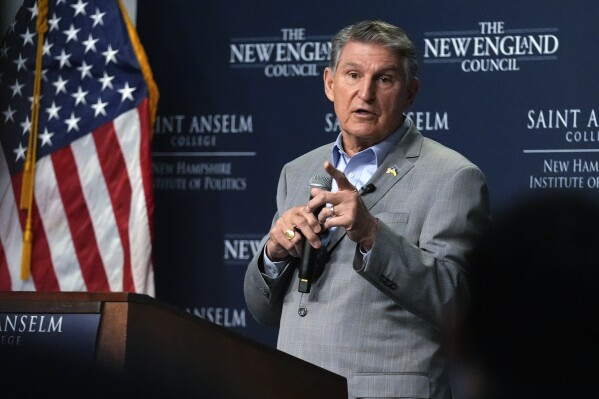 FILE - Sen. Joe Manchin, D-W.Va., speaks during the Politics and Eggs event, Jan. 12, 2024, in Manchester, N.H. Manchin announced Friday, Feb. 16, that he is not running for president, according to his spokesman Jon Kott. Manchin is not running for reelection in 2024. His Senate seat in a heavily Republican state is expected to be a prime pickup opportunity for the GOP. (AP Photo/Charles Krupa, File)