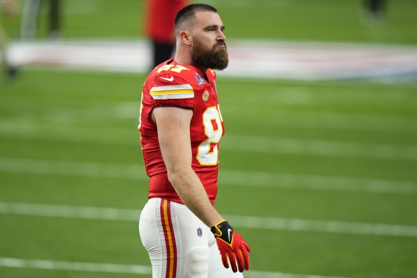 Kansas City Chiefs tight end Travis Kelce (87) warms up before the NFL Super Bowl 58 football game against the San Francisco 49ers, Sunday, Feb. 11, 2024, in Las Vegas. (AP Photo/Frank Franklin II)