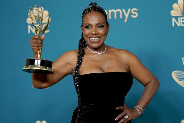 Sheryl Lee Ralph poses in the press room with the award for outstanding supporting actress in a comedy series for "Abbott Elementary" at the 74th Primetime Emmy Awards on Monday, Sept. 12, 2022, at the Microsoft Theater in Los Angeles. (AP Photo/Jae C. Hong)